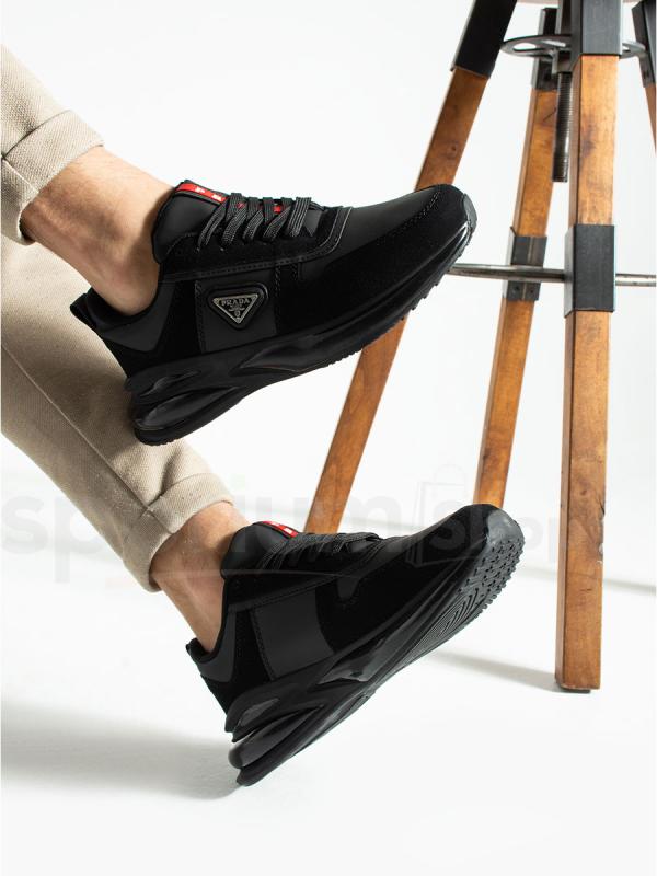 حذاء سنيكرز برادا الرجالي اليومي الأسود بتفاصيل حمراء